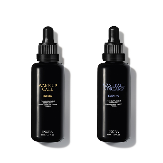 INORA AM to PM Duo with Wake Up Call Energy and Was It All A Dream Evening liquid supplements