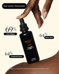 A black dropper bottle labeled Wake Up Call Energy by INORA, shown with a hand hovering above it on a beige background with marketing text highlighting study results.