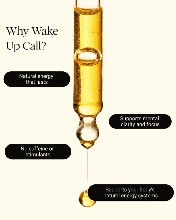 A dropper for inora's wake up call energy supplement in a beige background showcasing different benefits of the product