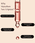dropper of marathon not a sprint by inora with liquid formulation. With a beige background and listing benefits of the product