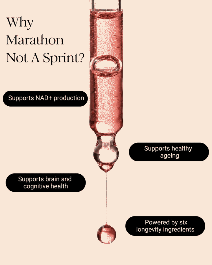 dropper of marathon not a sprint by inora with liquid formulation. With a beige background and listing benefits of the product