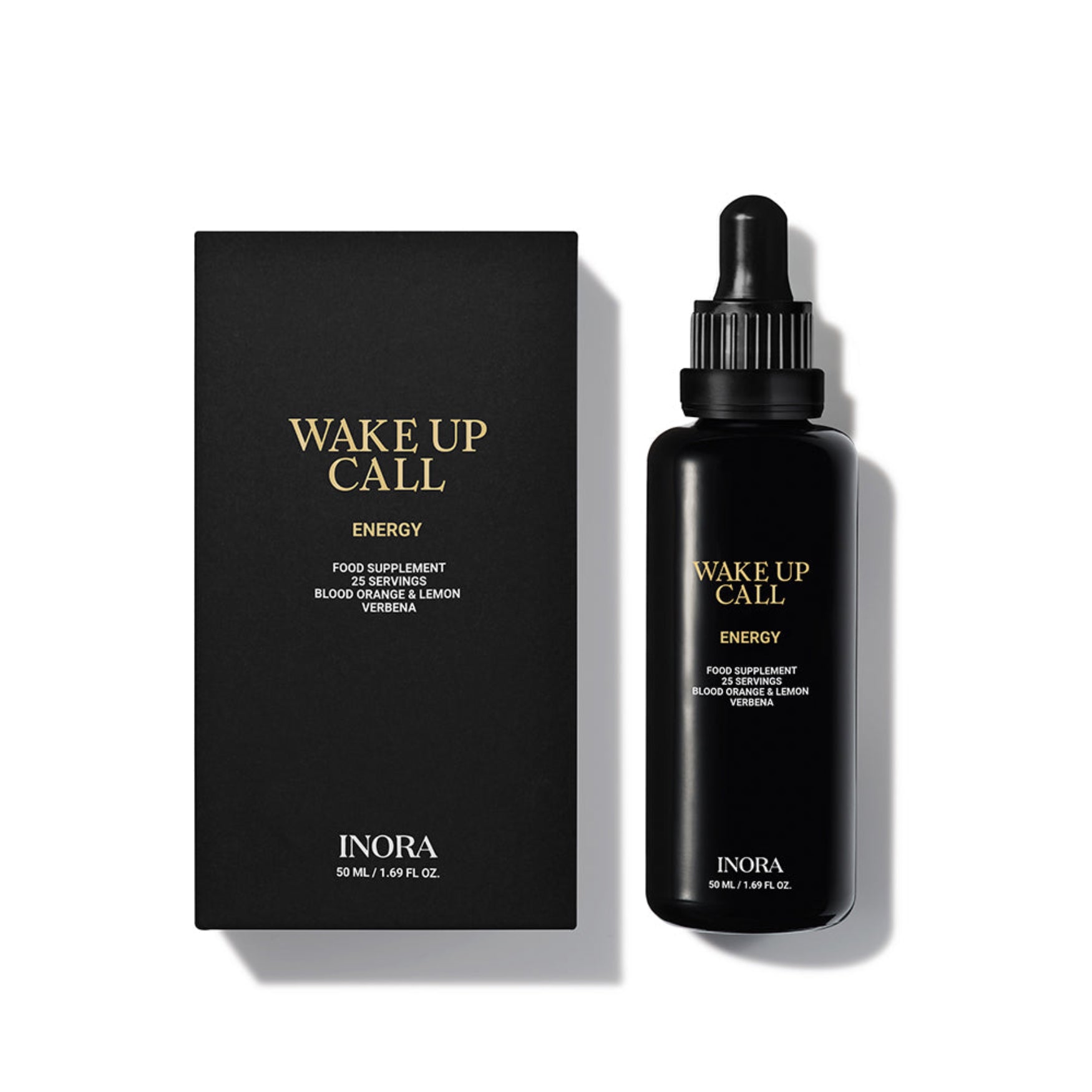 Wake Up Call Energy liquid supplement by INORA, box and bottle packaging