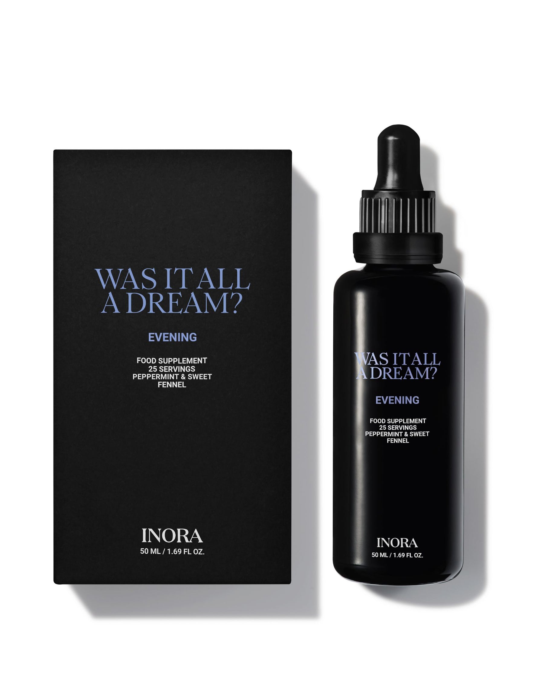 Was It All A Dream Evening liquid supplement by INORA, box and bottle packaging
