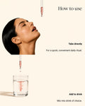 Instructional graphic titled 'How to use' showing a woman's face with a dropper above her mouth and another dropper above a glass of water, with text reading 'Take directly' and 'Add to drink' on a light cream background.