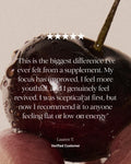 A close-up photo of a glossy dark red cherry with water droplets, overlaid with a testimonial quote in white text and five white stars. The quote is attributed to Lauren T, Verified Customer.