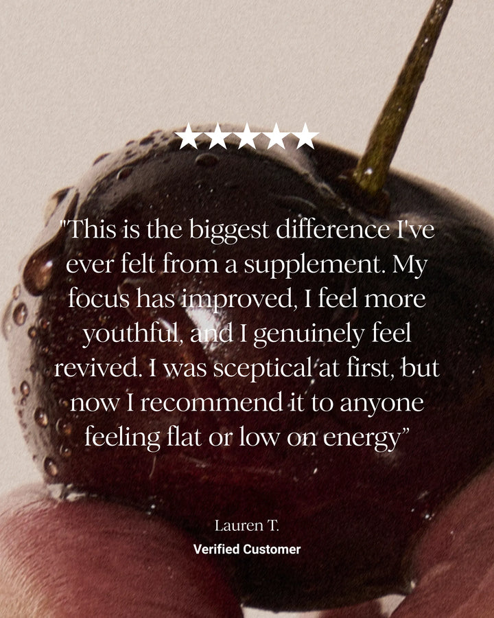 A close-up photo of a glossy dark red cherry with water droplets, overlaid with a testimonial quote in white text and five white stars. The quote is attributed to Lauren T, Verified Customer.
