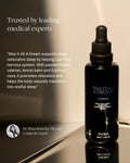 A black dropper bottle of INORA 'Was It All A Dream'Evening food supplement on a reflective dark surface, with promotional text and a doctor quote on a beige background.