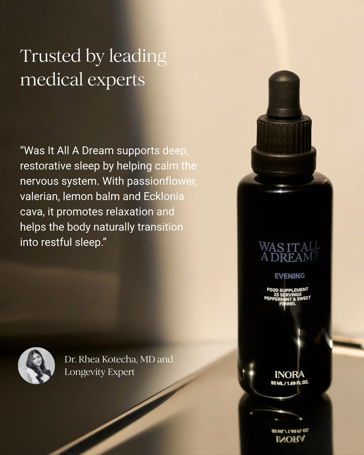A black dropper bottle of INORA 'Was It All A Dream'Evening food supplement on a reflective dark surface, with promotional text and a doctor quote on a beige background.