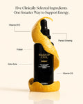 Wake Up Call Energy food supplement bottle in black with a yellow citrus peel wrapped around it, on a light beige background with callout lines labeling ingredients including Vitamin B12, Panax Ginseng, Folate, Gotu Kola, and Vitamin D3.