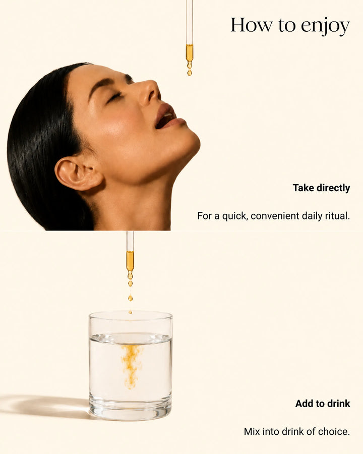 Instructional graphic with text reading 'How to enjoy' and 'Take directly' and 'Add to drink,' showing a woman's face looking upward near a hanging dropper above a glass of water, suggesting supplement liquid format.