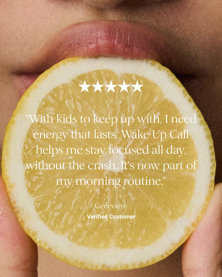 A close-up of a person holding a lemon slice in front of their mouth, with a five-star rating graphic and a customer testimonial quote overlaid in white text on the lemon.